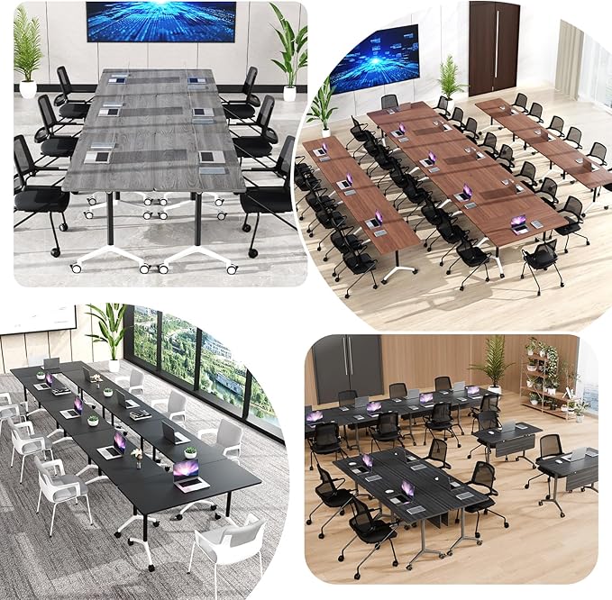 Conference Room Table, Folding Conference Tables,Thicken Grey Tabletop,Flip Top Wooden Seminar Meeting Room Table for Conference Room Offices (8, Black+White, 61.0“)