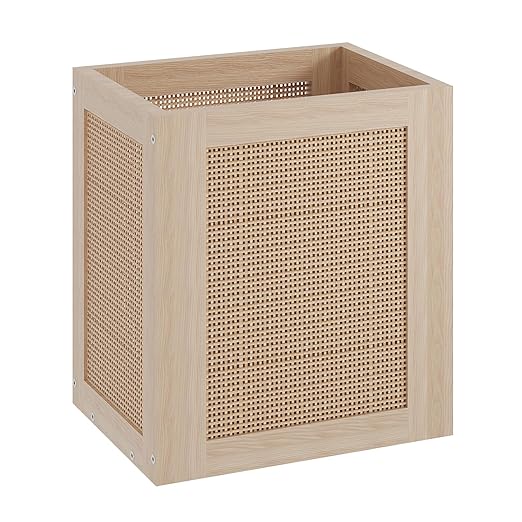Retro Office Trash Can, Iron and Wood Combination Bedroom Garbage Can, Rectangular Design Wastebasket with Handle, Industrial Style Trash Can for Home Office, 4.5 Gallon (Natural Color)