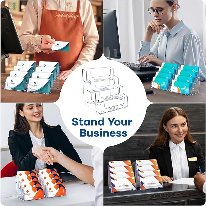 Acrylic Business Card Holder for Desk, Clear Plastic Business Card Stand with 4 Tier, Multiple Business Display Holder for Exhibition, Office and Hotel, 2 Pack