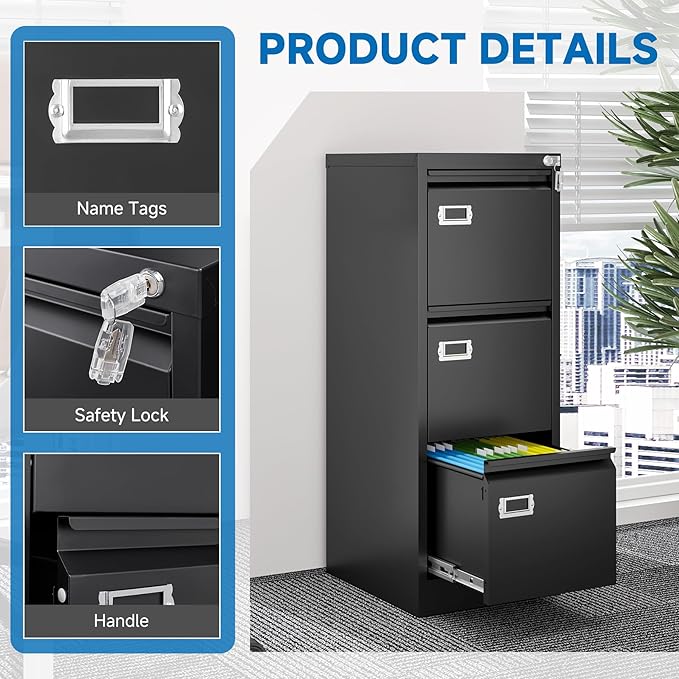 3 Drawer File Cabinet with Lock Metal Vertical File Cabinet Office Home Narrow File Cabinet for A4 Legal/Letter Size,Assembly Required (Black, 3 Drawers-Vertical)