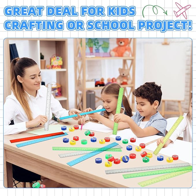 100 Pcs Plastic Rulers and 100 Pcs Mini Round Manual Pencil Sharpener Bulk, 4 Assorted Colors Pocket Sized Pencil Sharpeners Colorful Straight Ruler Back to School Supplies for Kids (Classic,12 Inch)