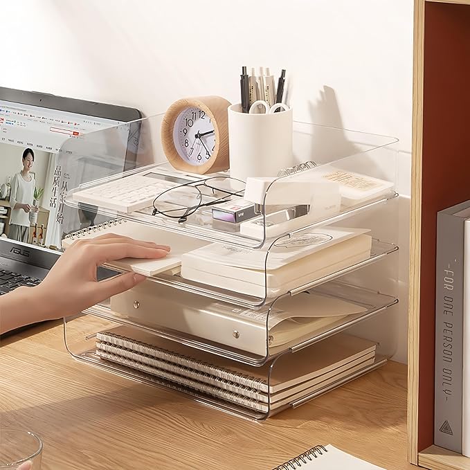 Desk Organizer Stackable Desk Paper Letter Tray Organizer Office Desktop File Paper Holder Book Storage Organization Rack (Clear, 4 x Standard Entry)
