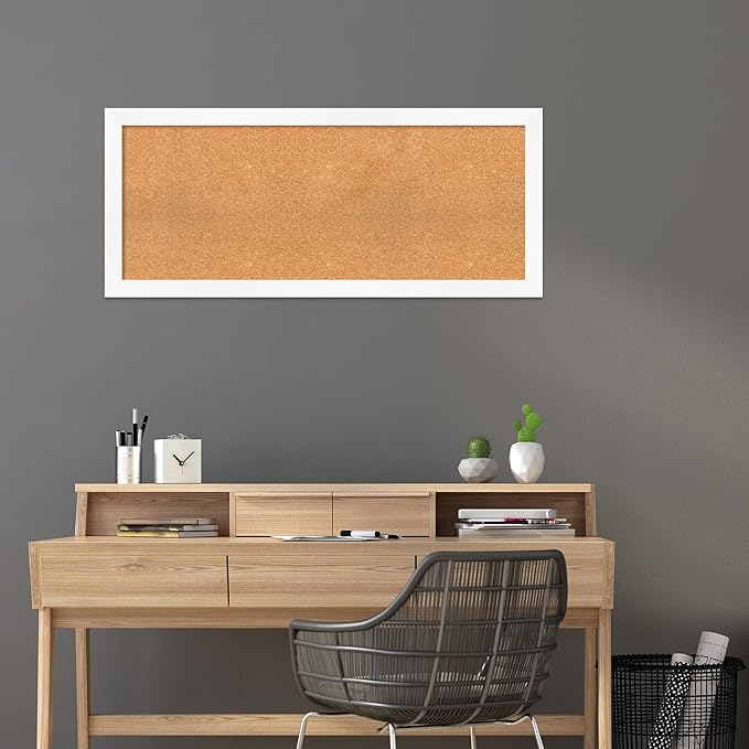 Amanti Art Natural Cork Board for Wall, 21x49 Vision Board with White Frame, Oversize Corkboard Office Decor for Home Organization, Modern Corkboard Pinboard to Display Items for Home Organization in