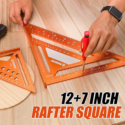 2pcs Rafter Square, 12-inch & 7-inch Carpenter Sqaure Set with Woodworking Pencil, Carpenter Measuring Layout Tool, Aluminum Alloy Triangle Ruler for Woodworking- Imperial