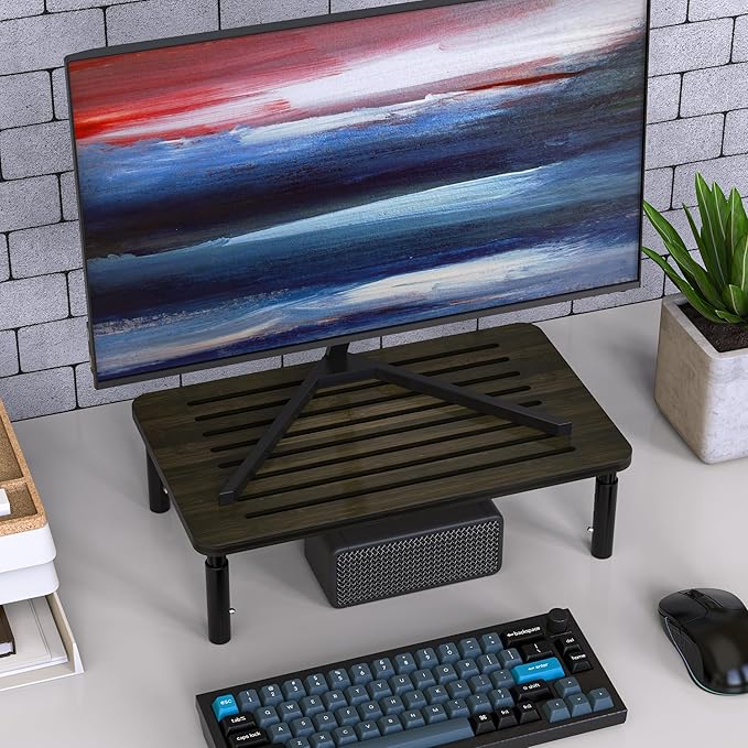 2 Pack Bamboo Monitor Stand Riser, 4 Adjustable Height, Laptop Stand with Airflow Vents, Desk Organizer for Computer, PC, Printer (Wenge)