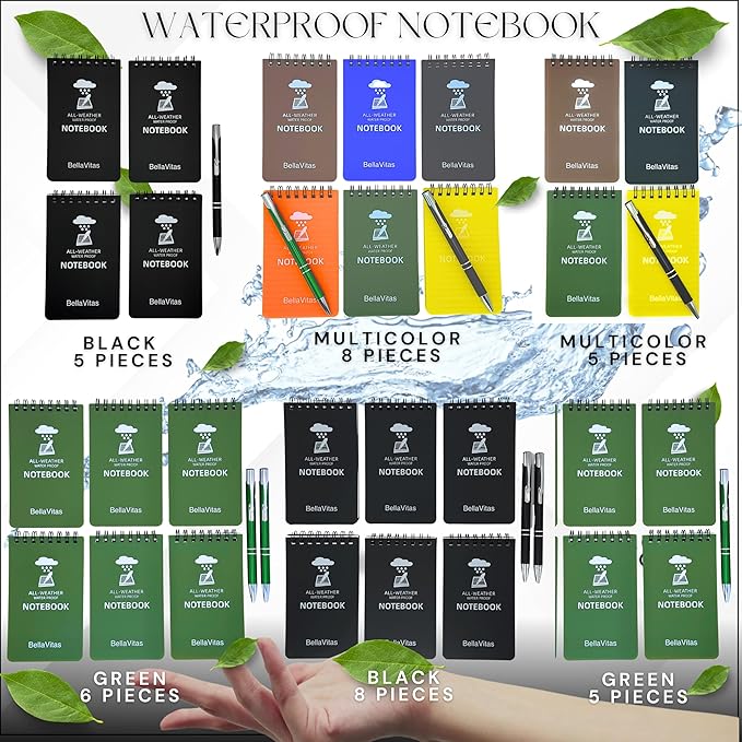 Waterproof 3x5 Notebook Pocket Notebook Small Spiral Notebooks Pocket Notepad Small Notepad 3x5 Pocket Notepad Police Notepad Tactical Notebook and All-Weather pen 4 Pack Black