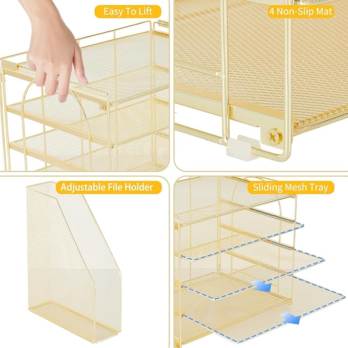 AUPSEN Gold Desk Accessories Organizer,5-Tier Letter Tray Paper Organizer with Adjustable File Holder, Desktop Office Desk Accessories for Office Supplies