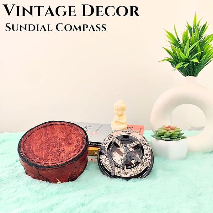 Antique Brass & Copper Sundial Compass, Sundial Clock in Box Gift Sun Clock Ship Replica Watch, Nautical Gifts for Men, Unique Nautical Decor, Naval Maritime Sundial (#5 Antique Gilbert)