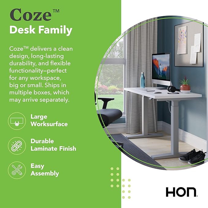 HON Coze Electric Standing Desk Adjustable Height, Coordinate Height Adjustable Desk, 48", White Top, Black Base