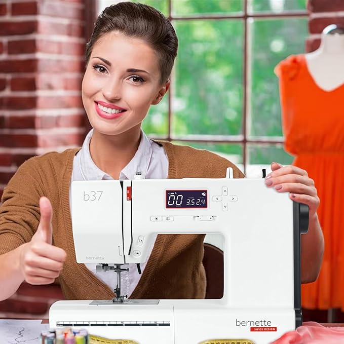 Bernette b37 Sewing Machine with Quilting Kit, Includes Rotary Cutter, Cutting Mat & Non-Slip Acrylic Ruler | LCD Display, LED Light, 50 Stitches, Built-in Needle Threader | For Beginners to Pros