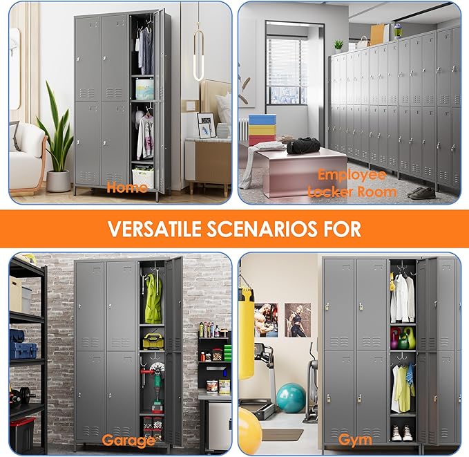 6 Doors Metal Lockers for Employees with 18 Hooks and Business Card Holder, Metal Locker with Ventilation Holes for School Garage Office Gym Home,Assembly Required,Dark Grey