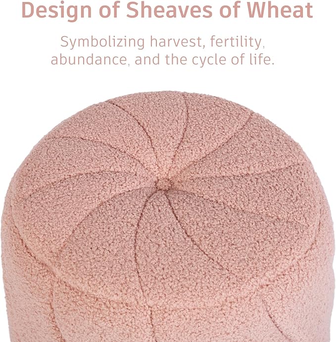 Modern Round Ottoman, Spiral-Tufted Foot Stool Ottoman, Teddy Fleece Upholstered Vanity Stool for Makeup, Bedroom, Living Room, Pink