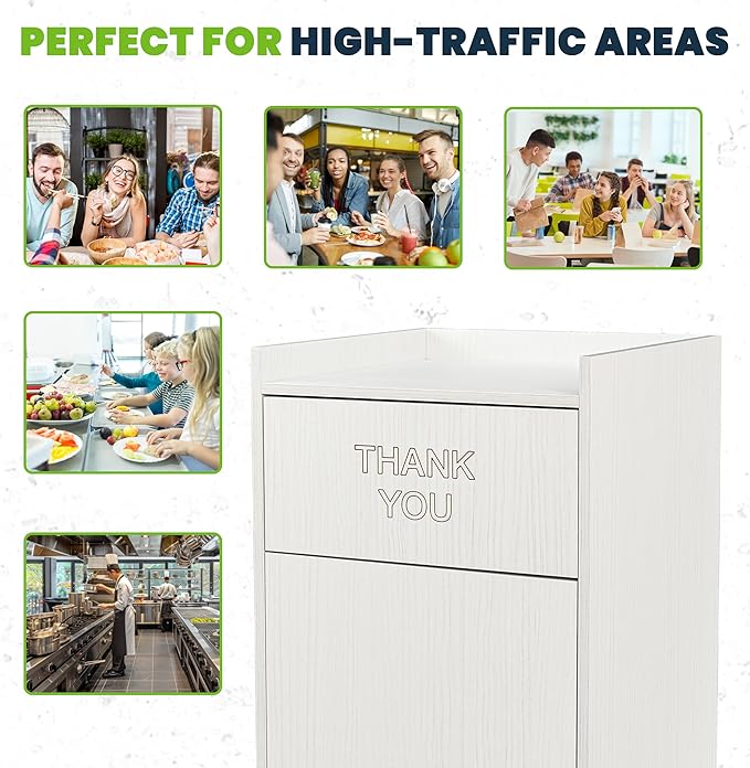Alpine Restaurant Trash Can Cabinet with Tray Holder - Commercial 40 Gallon Garbage Receptacle Indoor for Restaurants, Cafeterias (White)