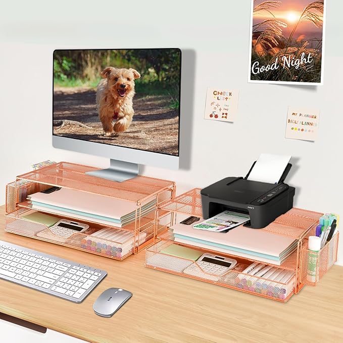 AUPSEN Computer Monitor Stands Riser,2-Tier Desk Organizers and Accessories, Office Desk Accessories Organizer with Drawers and 2 Pen Holder for Office Supplies (Rose Gold)