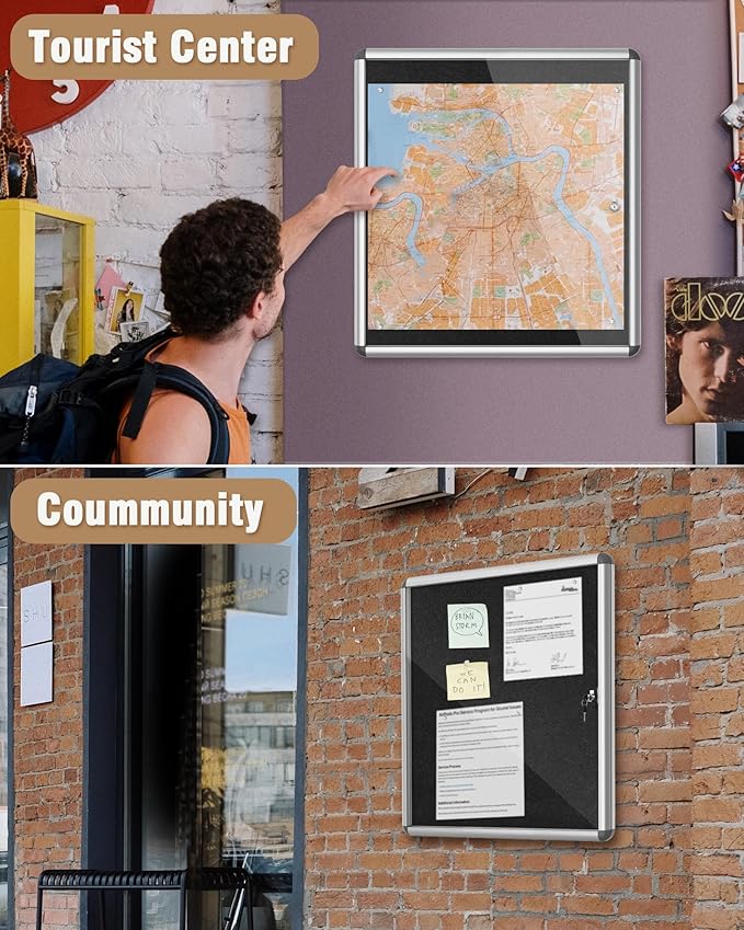 28"x26" Enclosed Bulletin Board, Lockable Weather-Resistant Aluminum Cork Noticeboard for School & Office, Silver Frame w/Black Flet