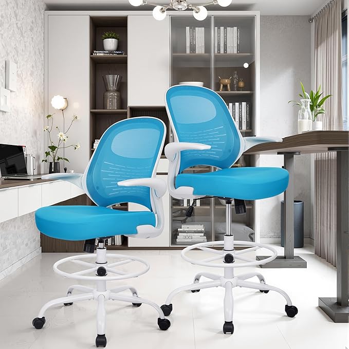 HYLONE Tall Drafting Chair Standing Desk Chair with Flip-Up Armrests, Adjustable Height Ergonomic Office Chair with Footrest Ring - High Stool Chair for Standing Desk (Blue)