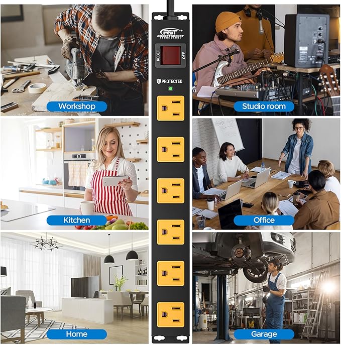 CRST 6 Outlet Surge Protector Power Strip 2100J with Switch, 15A/1875W Metal Heavy Duty Power Strip, Wide Spaced Wall Mount Power Bar for Garage Worshop Home School, 6 FT Cord( Black+Yellow)