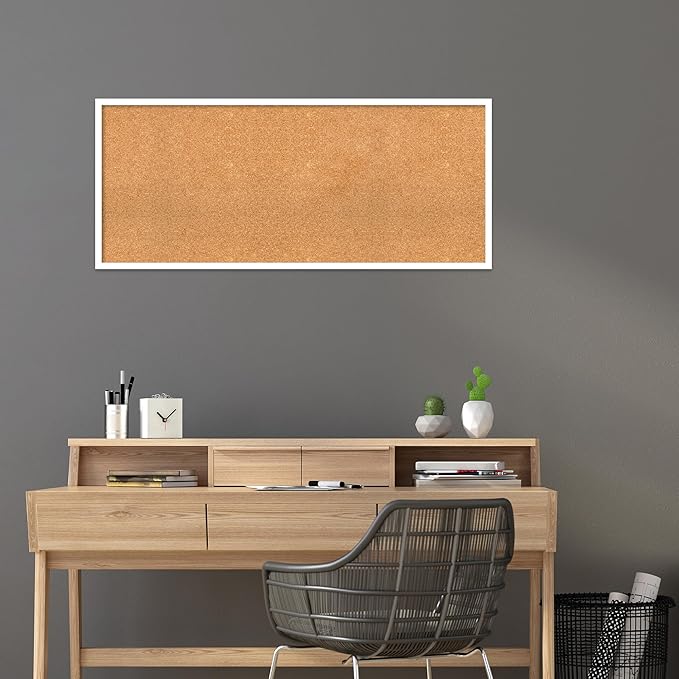 Amanti Art Natural Cork Board for Wall, 21x49 Vision Board with White Frame, Oversize Corkboard Office Decor for Home Organization, Modern Corkboard Pinboard to Display Items for Home Organization in