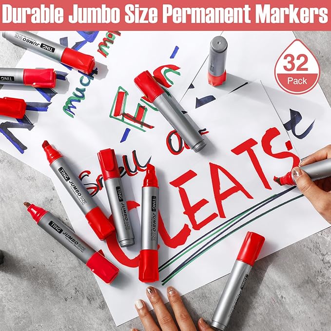 Fuutreo 32 Pcs Jumbo Permanent Markers Bulk Large Chisel Tip Permanent Markers Waterproof Jumbo Pens Quick Drying Office Teacher Supplies(Red)