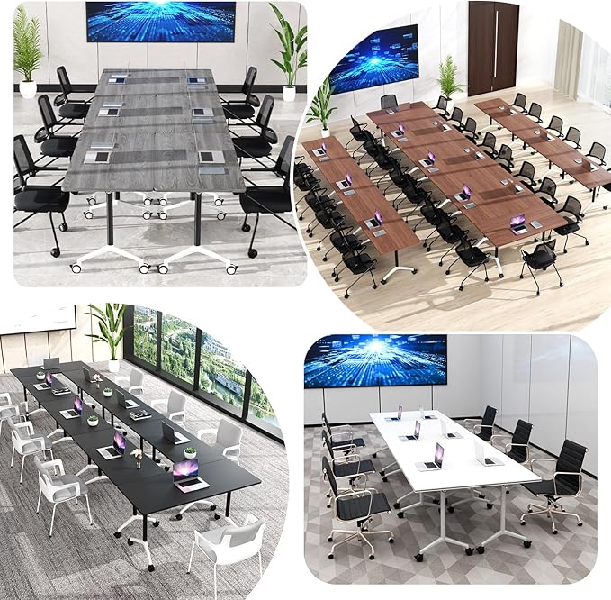 Conference Room Table, Folding Conference Tables,Thicken Grey Tabletop,Flip Top Wooden Seminar Meeting Room Table for Conference Room Offices (4, White, 55.1”)