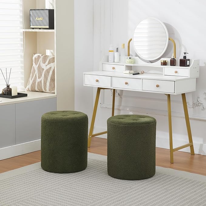 Modern Round Ottoman, Button-Tufted Foot Stool Ottoman, Teddy Fleece Upholstered Vanity Stool for Makeup, Bedroom, Living Room, Dark Green