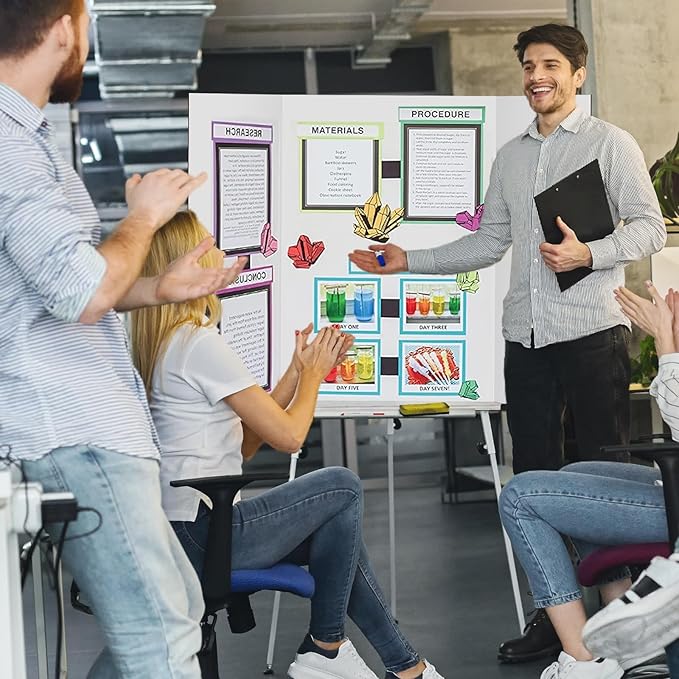 4 Pcs Trifold Display Board 36"x 48" Large White Presentation Board with Board Headers 4 Science Subtitles 32 Black Edge Self Adhesive Paper Poster Board for School Projects and Business Presentations