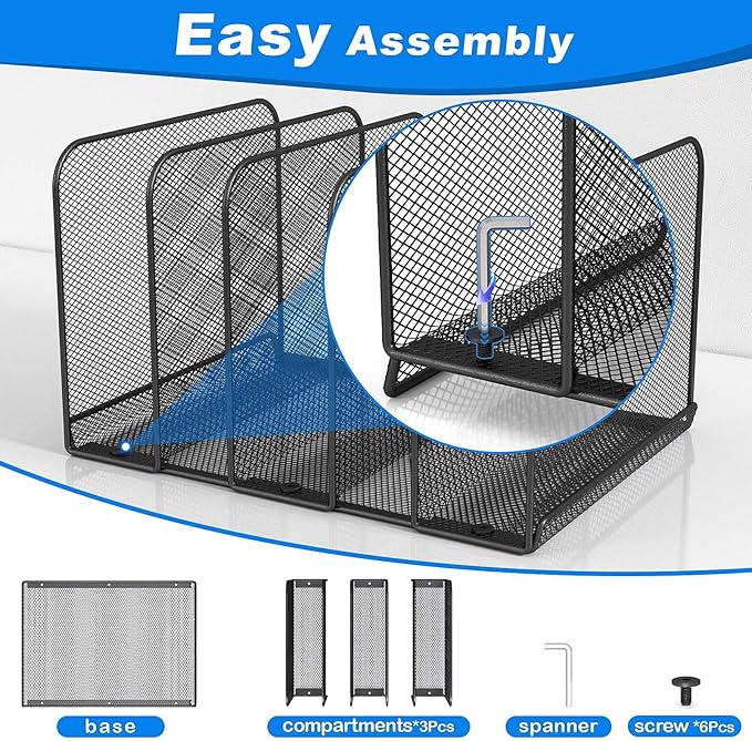 5 Sections Desk File Holder/Rack/Sorter,Mesh File Organizer,File Folder Organizer,Metal Upright Desktop Organization for Documents,Magazine,Kitchenware,Antiskid,Antirust,Sturdy,2 Packs