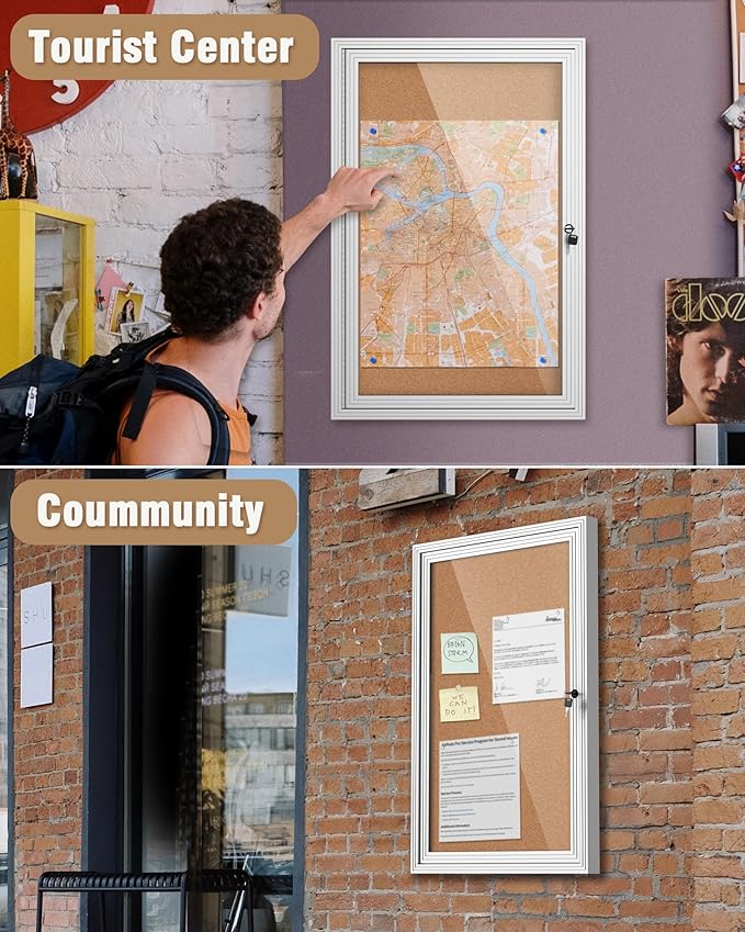 36"x24" Enclosed Bulletin Board, Outdoor Lockable Weather-Resistant Aluminum Cork Noticeboard for School & Office, Silver Frame w/Cork