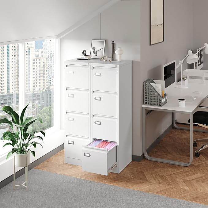 4 Drawer File Cabinet with Lock Metal Vertical File Storage Cabinet Office Home Steel Vertical File Cabinet for A4 Legal/Letter Size Narrow File Cabinet Locked,Assembly Required