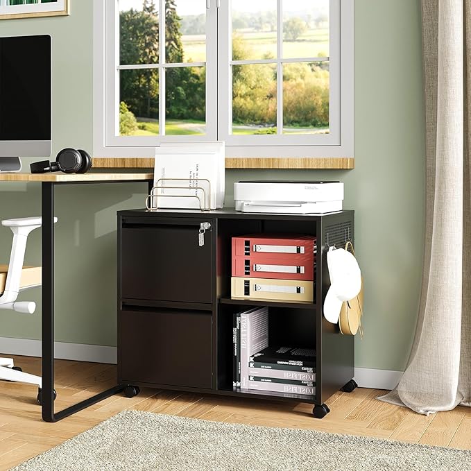 Lateral 2 Drawer Filing Cabinet with Lock, Mobile File Cabinet on Wheels, Printer Stand with Storage for Legal/Letter/A4 File Folders (Blcak)