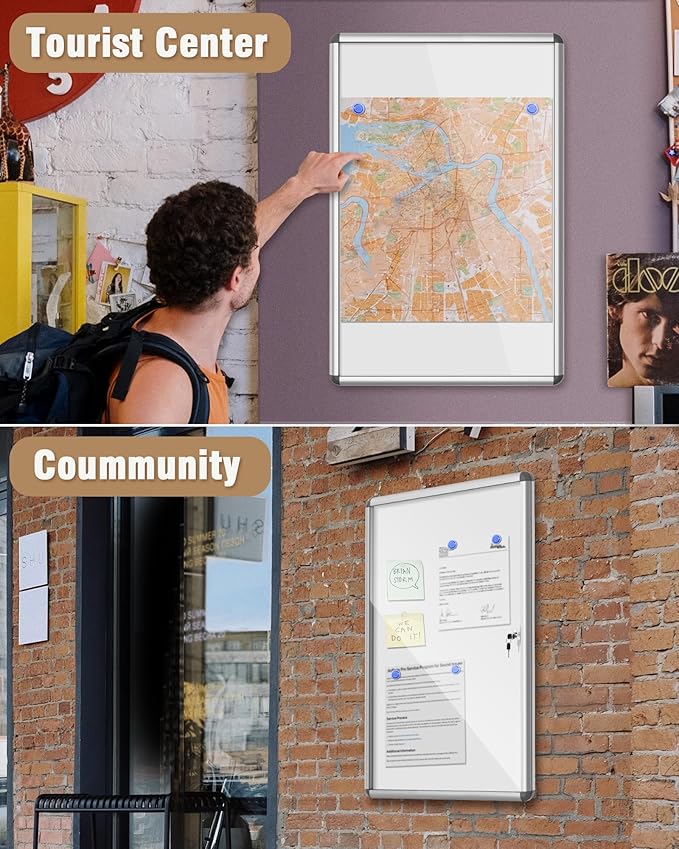 36"x24" Enclosed Bulletin Board, Lockable Weather-Resistant Aluminum Noticeboard for School & Office, Silver Frame w/Magentic Whiteboard