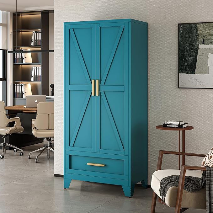 71" Tall Metal Wardrobe Cabinet with Drawer and Hanging Rod, 2 Doors Armoire Wardrobe Closet with Shelf for Bedroom, Office, Laundry Room, Blue