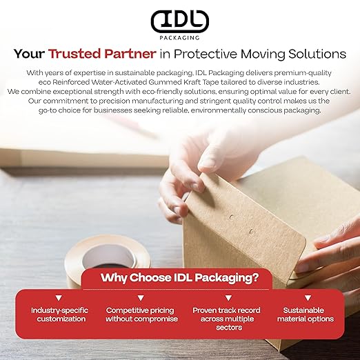 IDL Packaging 3" x 375 feet Reinforced Water-Activated Kraft Gummed Tape 70lb Thickness (Pack of 8) - Secure Paper Packing Tape for Secure Carton Sealing - Heavy-Duty for All Conditions, Brown