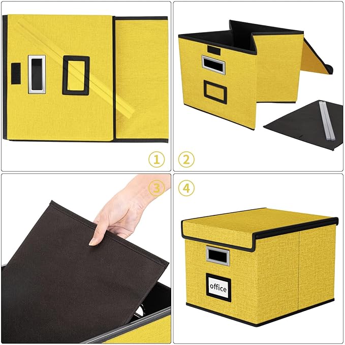 Huolewa Collapsible File Storage Organizer Box with Lid, Linen Document Storage Organization, Universal Hanging Filing Box for Letter/Legal Folder, Decorative Office/Home File Bins - yellow, box only