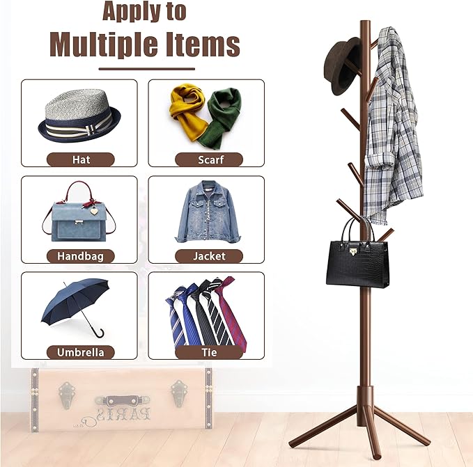 Haddockway Wooden Coat Rack Stand with 8 Hooks New Zealand Pine 3 Adjustable Coat Standing Tree Easy Assembly for Coats, Hats, Scarves and Handbags for Entryway, Hallway, Bedroom, Office