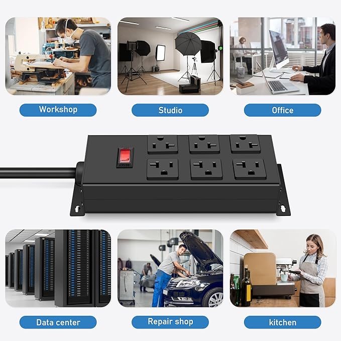JUNNUJ Heavy Duty 20 Amp Power Strip, Garage 6 Outlets Metal 12 Gauge Surge Protector 3000J, High Amp 5-15P Adapter Shop 6-20R T-Slot Industrial (6AC, 10FT)