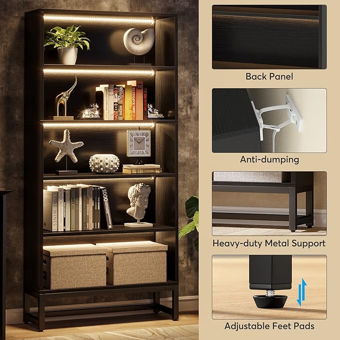 Tribesigns Tall Bookcase Black Bookshelf, 70.8” Large Bookcases Organizer with LED Lights, Heavy Duty Free-Standing Library Bookshelf with 5-Tier Storage Shelves for Living Room, Bedroom (Black)