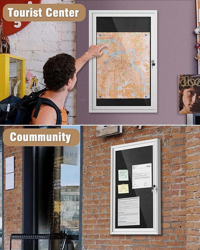 36"x24" Enclosed Bulletin Board, Outdoor Lockable Weather-Resistant Aluminum Cork Noticeboard for School & Office, Silver Frame w/Black Flet