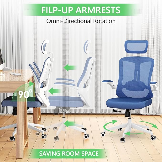 Home Office Chair,Ergonomic Big and Tall Office Desk Chair with Flip-up Arms/Headrest/Adjustable Lumbar Support/Tilt Function/450 lbs Heavy Duty Office Chair-Mesh (Blue)
