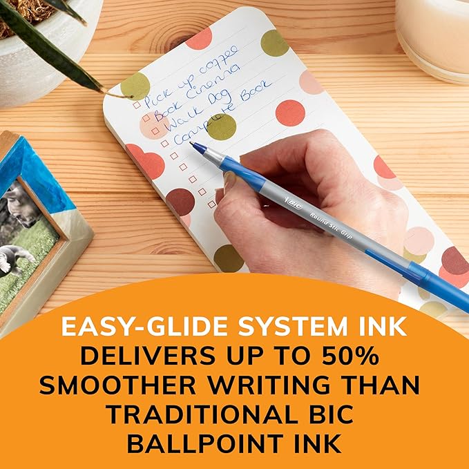 BIC Round Stic Grip Xtra Comfort Fine Blue Ballpoint Pens, Medium Point (0.8 mm), 12-Count Pack, Excellent Writing Pens With Soft Grip for Superb Comfort and Control