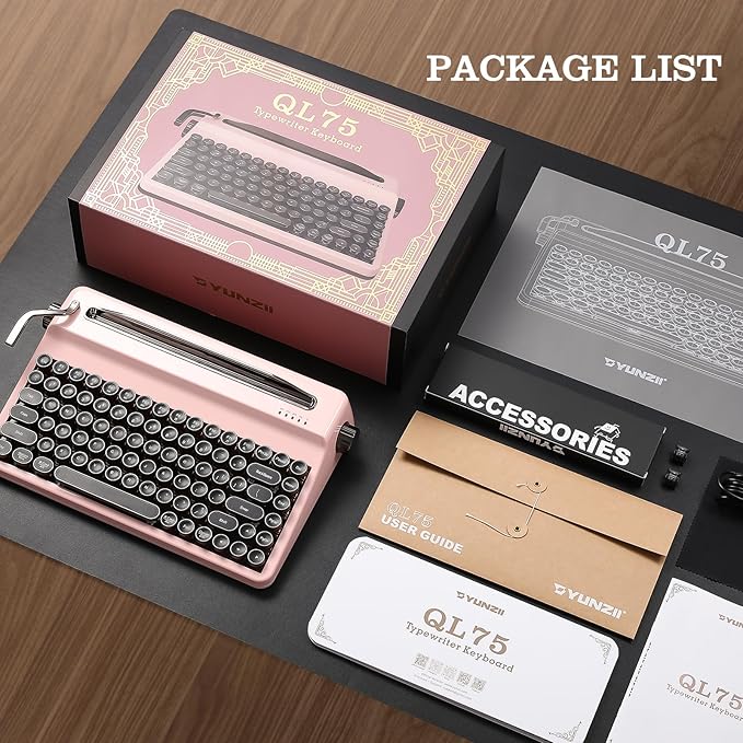 YUNZII QL75 Wireless Typewriter Hot Swap Retro Mechanical Keyboard,Punk Round Keycaps,RGB Backlit QMK/VIA Programmable,Multi-Device Keyboard with 2.4GHz/Type-C/BT5.0 (Pink, Cocoa Cream V2 Switch)
