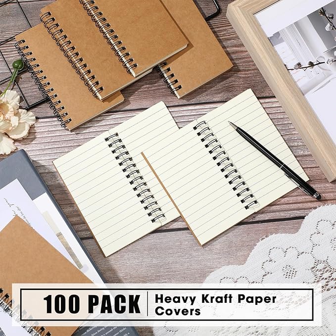100 Pcs Spiral Memo Pads 5 x 3'' Small Pocket Spiral Journal Notepad Ruled Notebook Sketchbook Kraft Cover Notebooks, 120 Pages for Note Taking Business Office School Supplies (Kraft Color)