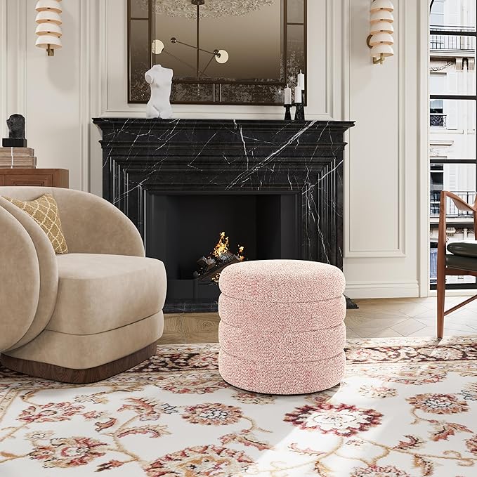 Storage Ottoman, Round Ottoman with Storage, Vanity Stool Foot Rest with Removable Lid, Round Boucle Upholstered for Living Room Pouf Footstool (Pink)
