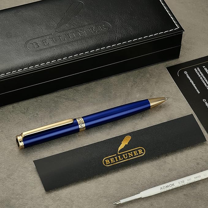 BEILUNER Blue Lacquer Gel Pen - Stunning Luxury Pen with 24K Gold Finish, ADMOK Black Refill, Executive Gift Set for Family & Friends, Writing, Fancy, Office, Retractable Pens