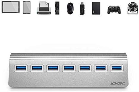 Achoro 7 Ports USB 3.0 Hub - Triangle Aluminum Alloy - High-Speed USB Port Expander - Compatible with PC, iMac, MacBook, Windows, Desktop, and More – Computer Multiple USB HUB (Silver)