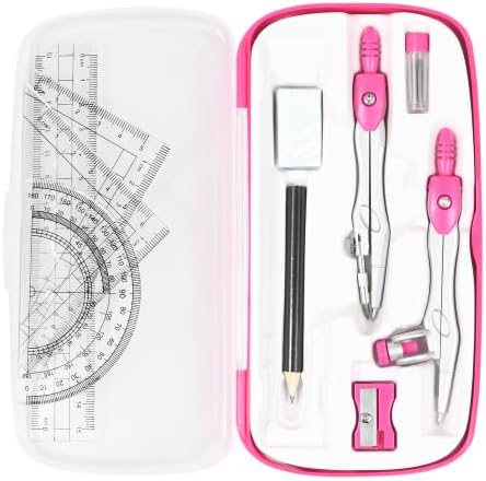Math Geometry Kit Sets 10 Piece Student Supplies with Shatterproof Storage Box,Includes Rulers,Protractor,Compass,Eraser,Pencil Sharpener,Lead Refills,Pencil,for Drafting(Pink）
