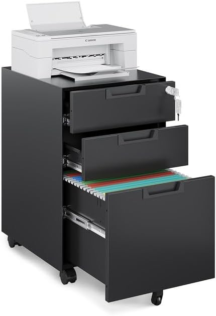 Mobile File Cabinet,3 Drawer Locking Storage Filing Cabinet,Office Metal Storage Cabinet on Wheels for Legal/Letter/A4 File(Fully Assembled，Black)