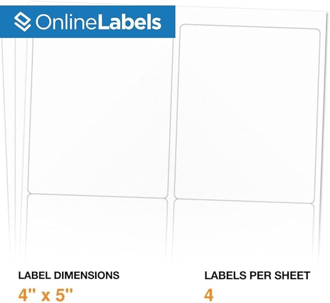 4 x 5 Rectangle Mailing Labels - Permanent, White Matte - Shipping, Wine, Product - Pack of 1,000-250 Sheets - Inkjet/Laser Printers - Online Labels