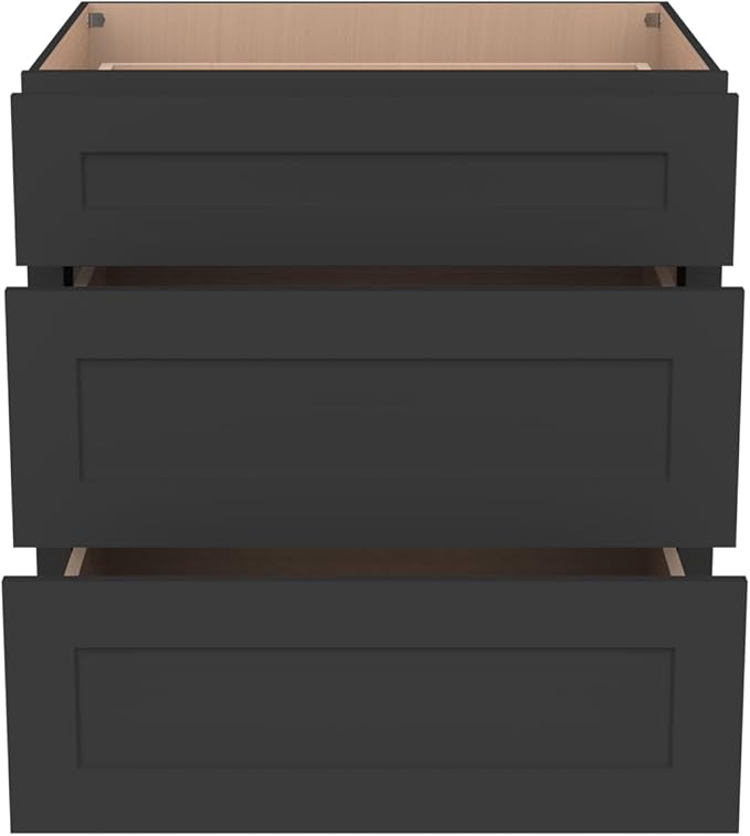 Shaker Style Charcoal Black RTA Solid Wood Base Cabinet with 3 Drawers and Soft Close Feature, 27" W x 24" D x 34.5" H, Perfect for Standalone Use or Kitchen Cabinet Combinations