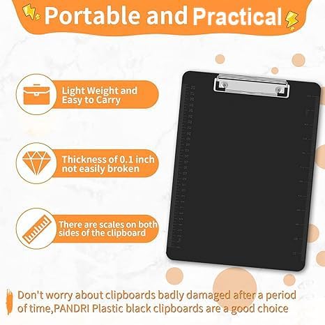 Black Clipboards, PANDRI 6 Pack Plastic Black Clipboards with Low Profile Clip 12.5 x 9 Standard Letter Size Clipboard for classrooms Office